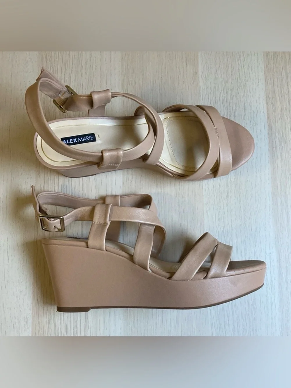Alex Marie Nude/Tan Crisscross Wedge Sandals with Buckle, Women’s Size 9